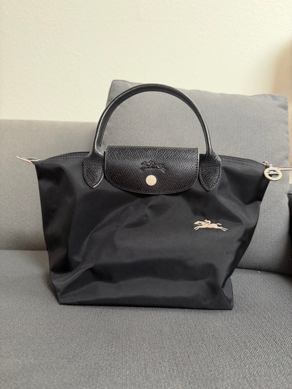 Longchamp Black Nylon Top-Handle Small Tote with Leather Trim